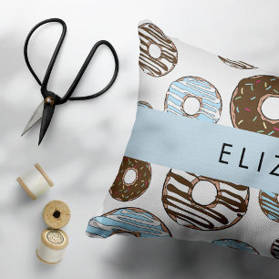 Blue Donuts, Brown Donuts, Sprinkles, Your Name Accent Pillow
