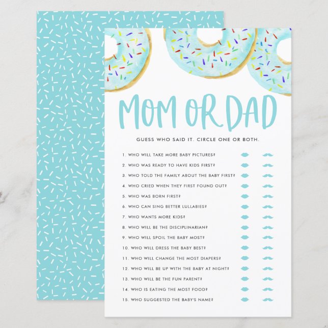 Blue Donuts Guess Who Mom or Dad Baby Shower Game (Front/Back)