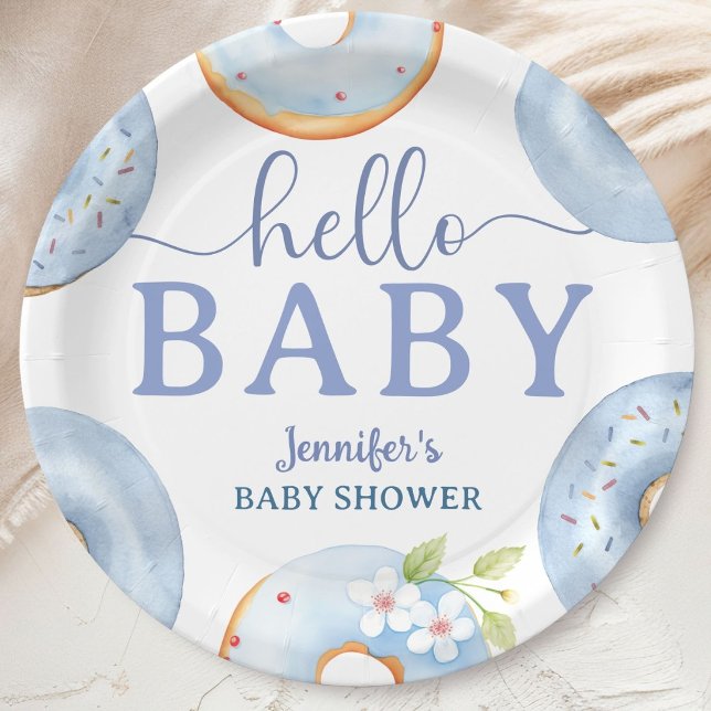 Blue Donuts Hello Baby Shower Brunch  Paper Plates (Creator Uploaded)