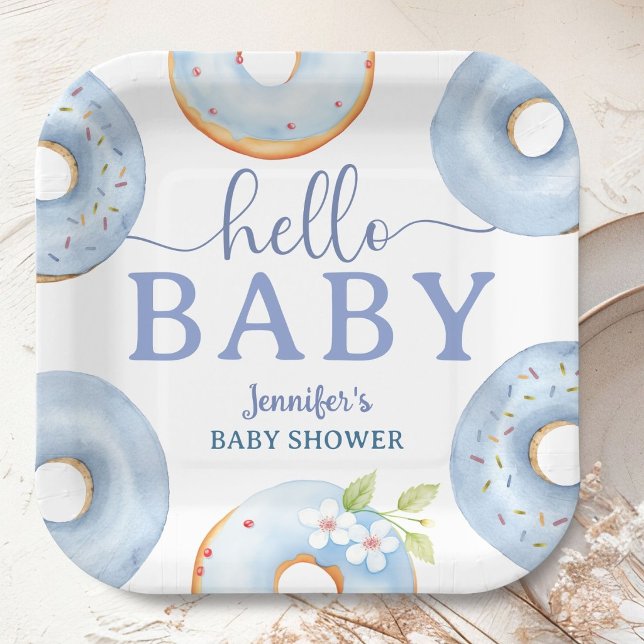 Blue Donuts Hello Baby Shower Brunch  Paper Plates (Creator Uploaded)