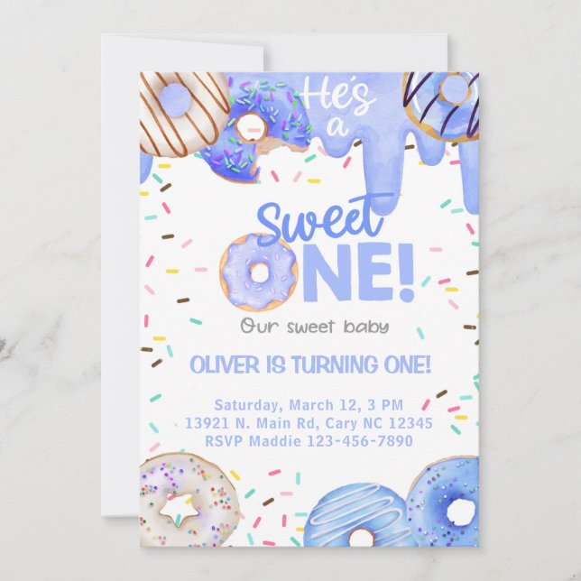Blue donuts he's a sweet one boy birthday invite. invitation (Front)