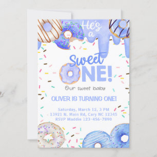 Blue donuts he's a sweet one boy birthday invite. invitation