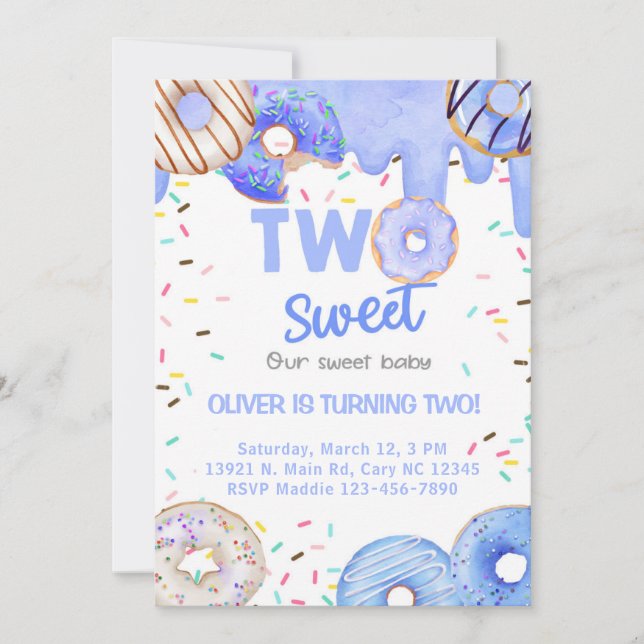 Blue donuts sweet two boy 2nd birthday invite. invitation (Front)
