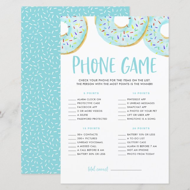Blue Donuts What's On Your Phone Baby Shower Game (Front/Back)