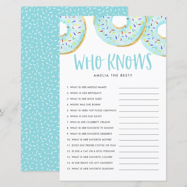 Blue Donuts Who Knows Mom Best Baby Shower Game (Front/Back)