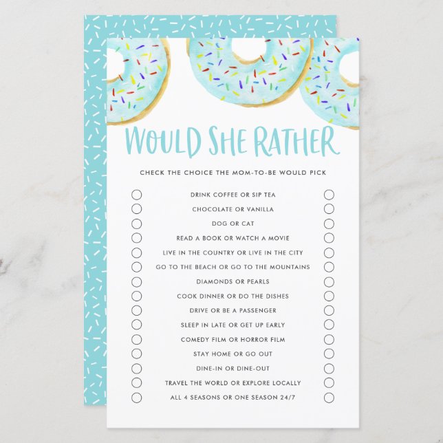 Blue Donuts Would She Rather Baby Shower Game (Front/Back)