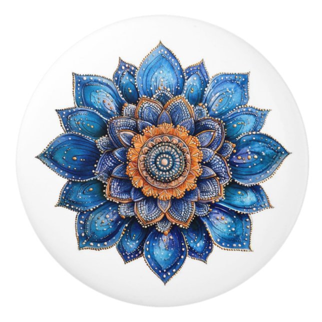 Blue Doodle 3D Mandala Ceramic Knob (Front)