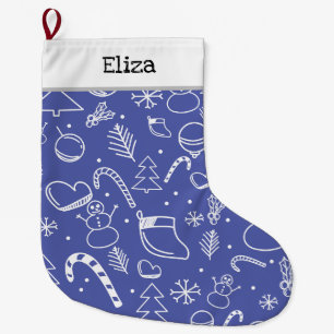 Blue Doodle Christmas Pattern - Fun & Festive Large Christmas Stocking
