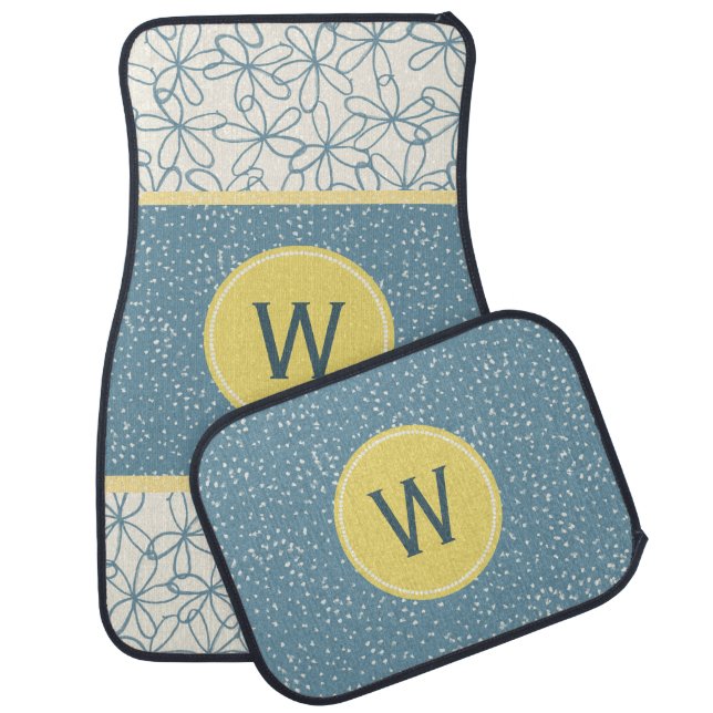 Blue Doodle Flowers Monogrammed Car Mats (Set)