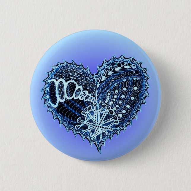 Blue Doodle Heart Pinback Button (Front)