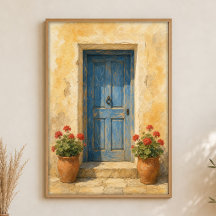 Blue Door with Geranium Pots Watercolour Poster