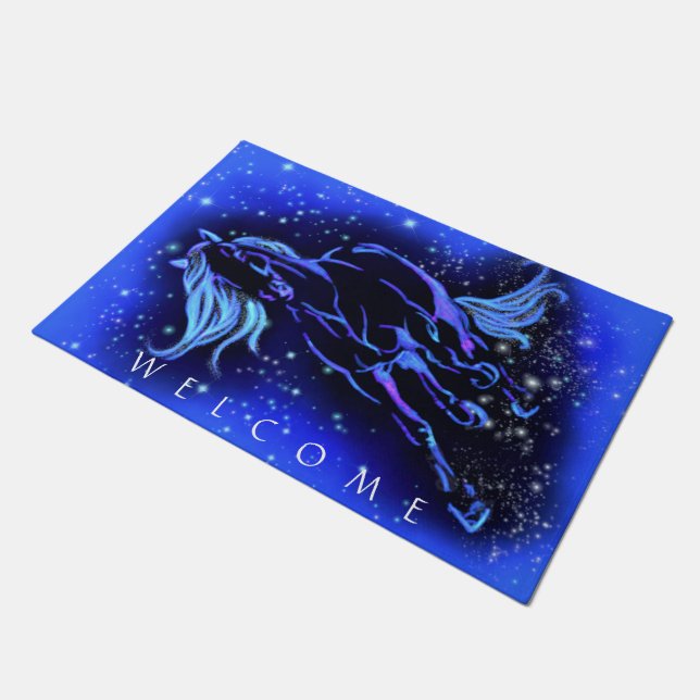 Blue Doormat Horse Running Starry Night Welcome  (Angled)