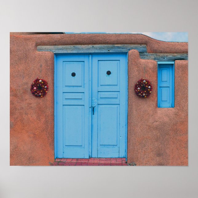 Blue Doors and Rista Wreaths, Taos Adobe Poster (Front)