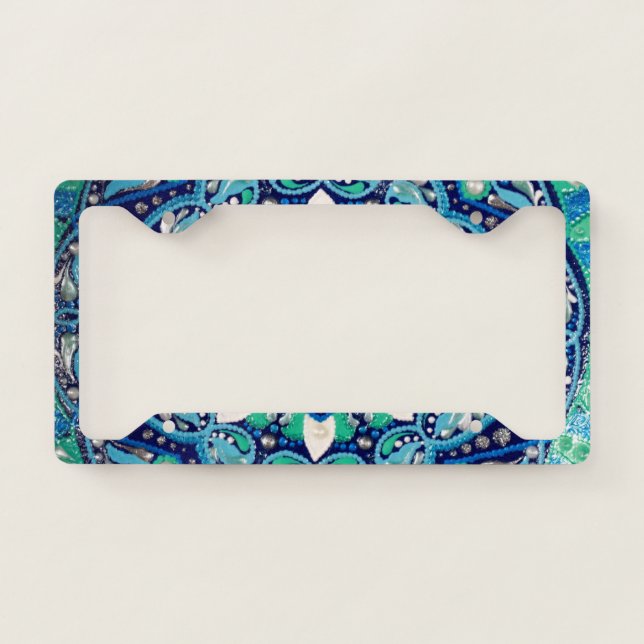 Blue dot art mandala license plate frame (Front)
