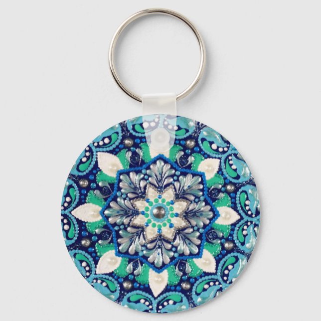 Blue dot art mandala trifold wallet keychain (Front)