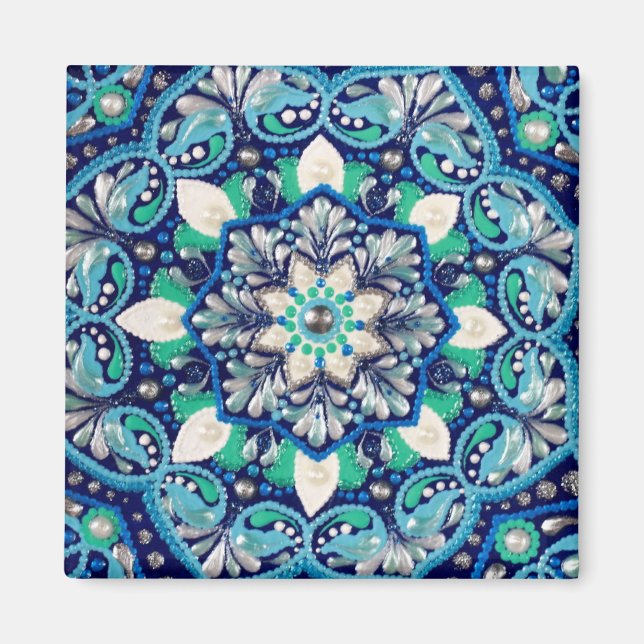 Blue dot art mandala trifold wallet magnet (Front)