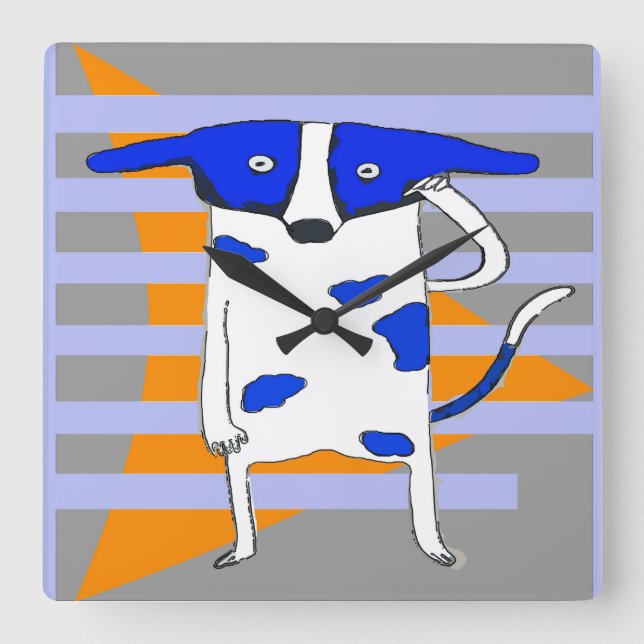 Blue Dot Dog, Orange Triangle Abstract Square Wall Clock (Front)