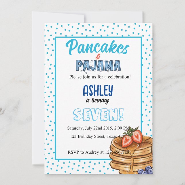 Blue Dot Pancakes and Pajamas Birthday Party  Invitation (Front)