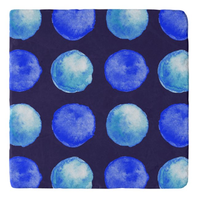 Blue Dots Abstract Watercolor Geometric Pattern Trivet (Front)
