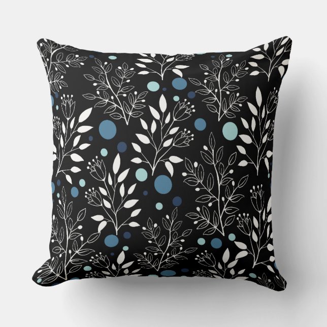 Blue Dots Pattern With Leaf Graphic  Throw Pillow (Front)
