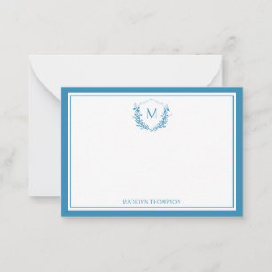 Blue Double Border Floral Crest Classic Monogram Note Card
