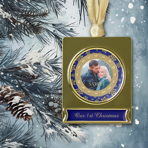 Blue Double Frame Snowflake First Christmas Gold Plated Banner Ornament