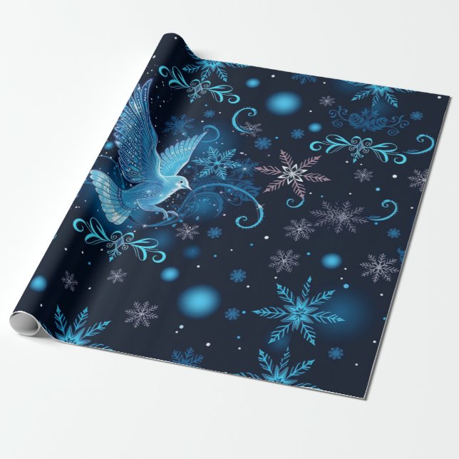 Blue Dove and Snowflakes Christmas Wrap Wrapping Paper (Unrolled)