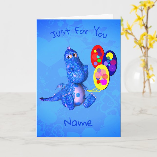 Blue Dragon And Balloons Personalized Birthday Card (Yellow Flower)