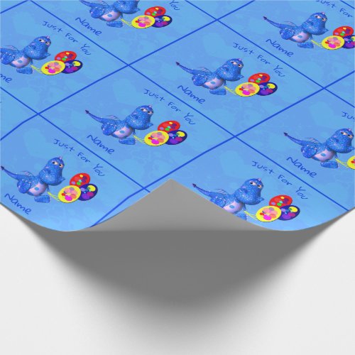 Blue Dragon And Balloons Personalized Birthday Wrapping Paper