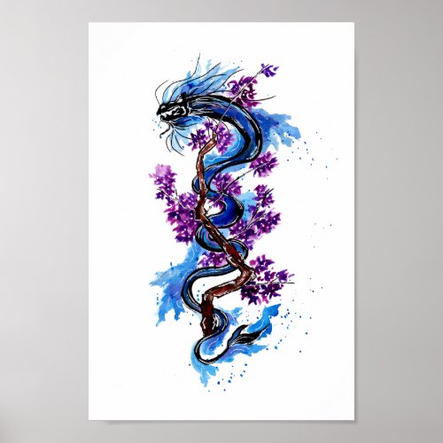 Blue Dragon and Purple Blossoms Poster