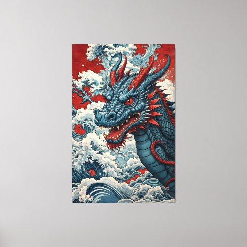 Blue Dragon and Waves Contrast in Japanese Style Canvas Print