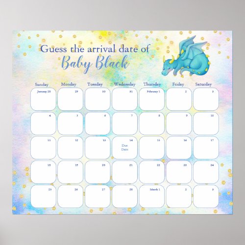 Blue Dragon Baby Shower Due Date Calendar Poster
