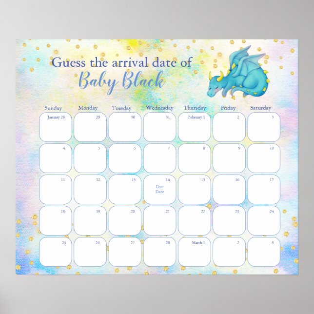 Blue Dragon Baby Shower Due Date Calendar Poster (Front)