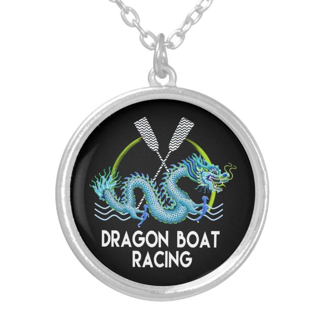 Blue Dragon Boat Racing Silver Plated Necklace (Front)