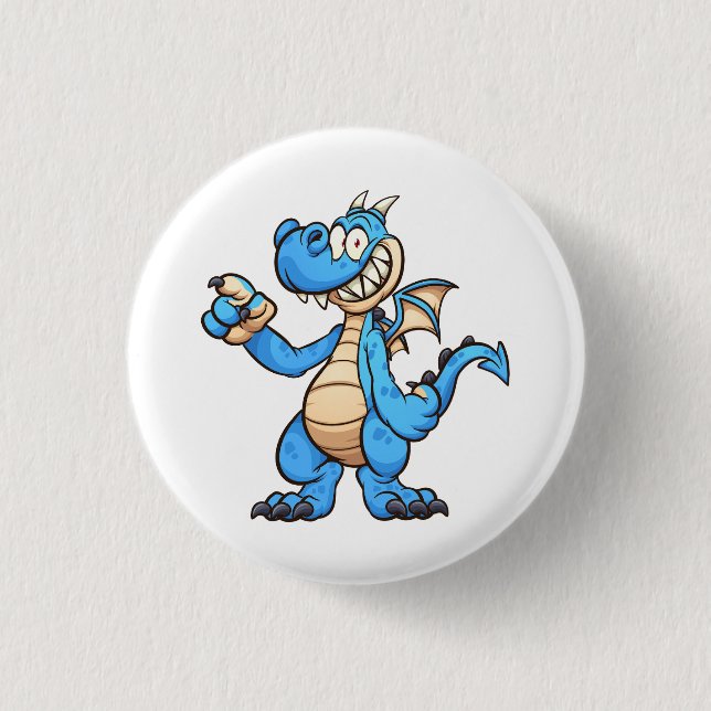 blue dragon cartoon character standing up and poin button (Front)