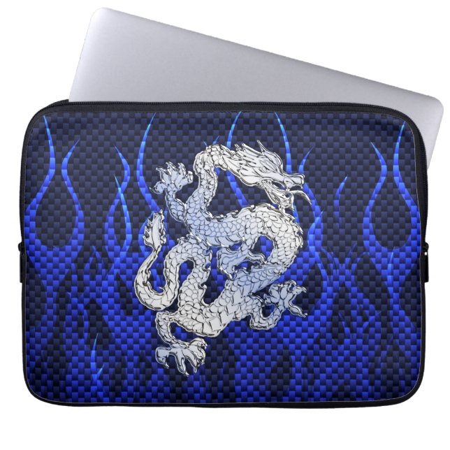 Blue Dragon Chrome like Carbon Fiber flames Laptop Sleeve (Front)