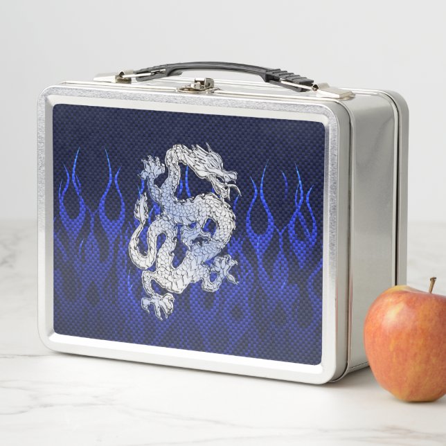 Blue Dragon Chrome like Carbon Fiber flames Metal Lunch Box (In Situ)