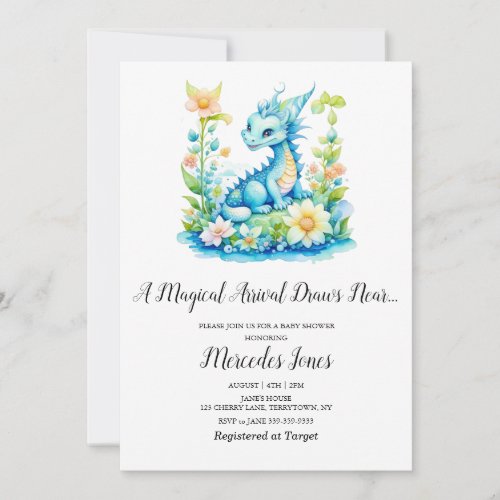 Blue Dragon Floral Magical Arrival Baby Shower  Invitation