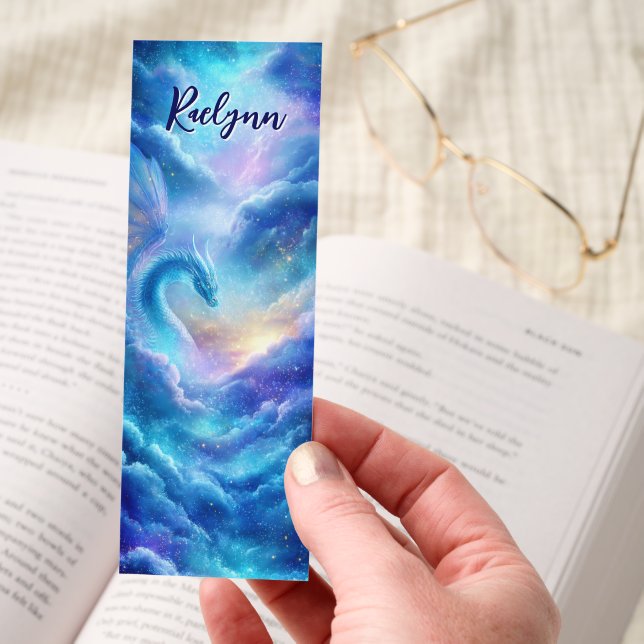Blue Dragon Galaxy Clouds Majestic Personalized Bookmarks (Hand)