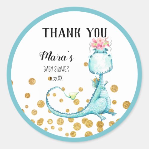  Blue Dragon Glitter Baby Girl Shower Thank You Classic Round Sticker