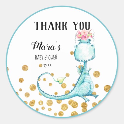 *~* Blue Dragon Glitter Baby Girl Shower Thank You Classic Round Sticker