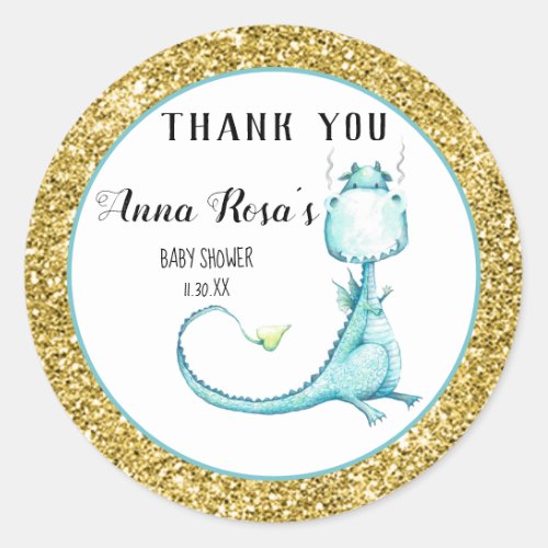  Blue Dragon Glitter Baby Shower Thank You Classic Round Sticker