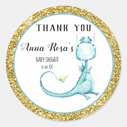 *~* Blue Dragon Glitter Baby Shower Thank You Classic Round Sticker