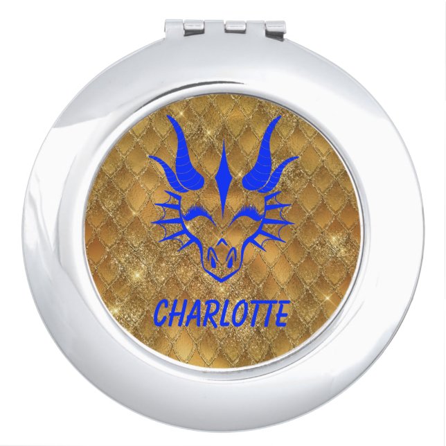 Blue Dragon Head & Gold Dragon Scale Background Compact Mirror (Front)