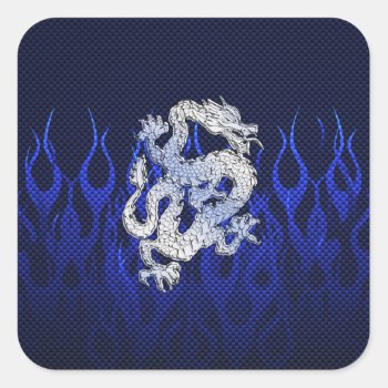 Blue Dragon In Chrome Carbon Fiber Styles Square Sticker by TigerDen at Zazzle