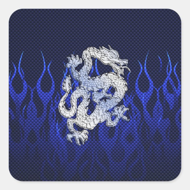 Blue Dragon in Chrome Carbon Fiber Styles Square Sticker (Front)