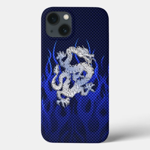 Blue Dragon in Chrome Carbon like flames iPhone 13 Case