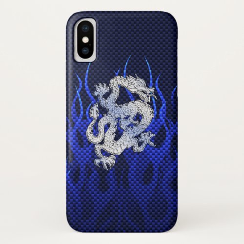 Blue Dragon in Chrome Carbon like flames iPhone XS Case