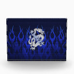 Blue Dragon in Chrome Carbon racing flames Acrylic Award<br><div class="desc">A Dragon applique in chrome like silver style on a blue flaming carbon fiber background print to wear or to share on all festive occasions. 
 


 A great gift idea!</div>