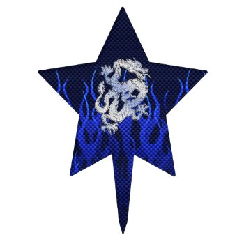 Blue Dragon In Chrome Carbon Racing Flames Cake Topper by TigerDen at Zazzle
